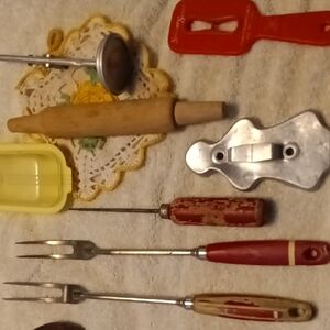 Vintage Kitchen Utensil Set with Red and Wooden Handles